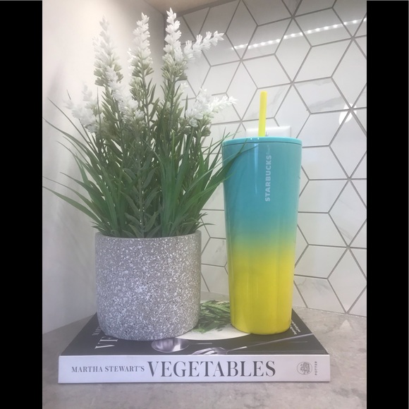 Starbucks Venti Cold Cup Teal & Yellow Summer 1 - Picture 1 of 2